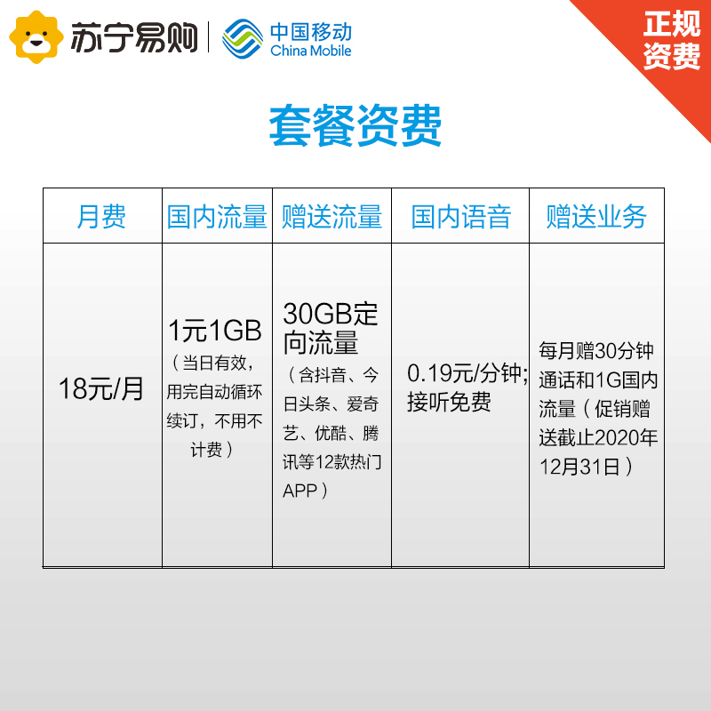 [赠品不单卖]移动大王卡1元1GB流量卡预存20元送36元