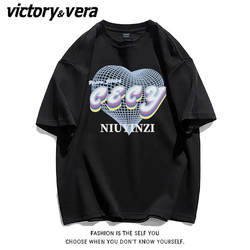 VICTORYVERA夏季新款短袖T恤男女爱心设计感印花宽松情侣休闲上衣
