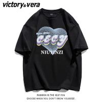 VICTORYVERA夏季新款短袖T恤男女爱心设计感印花宽松情侣休闲上衣