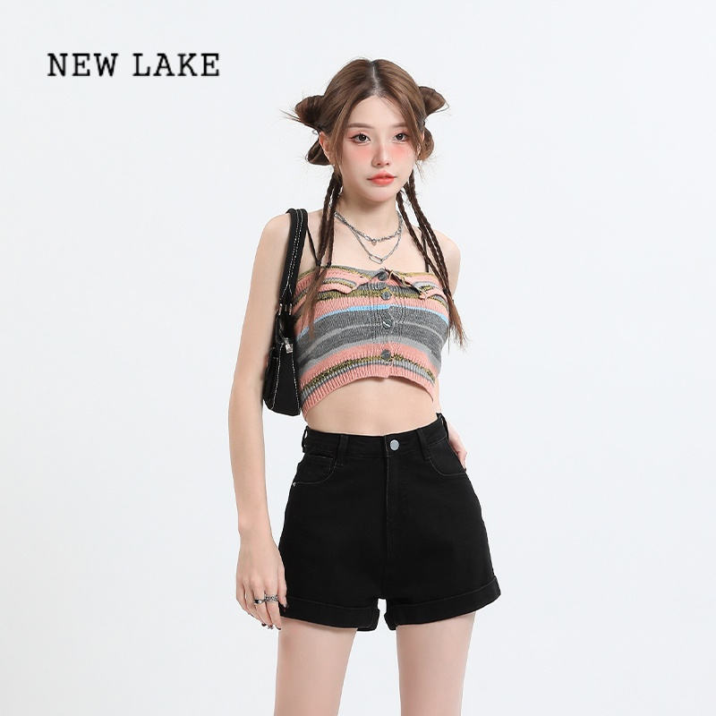 NEW LAKE黑色牛仔短裤女夏季薄款2024年新款高腰美式包臀显瘦卷边a字热裤