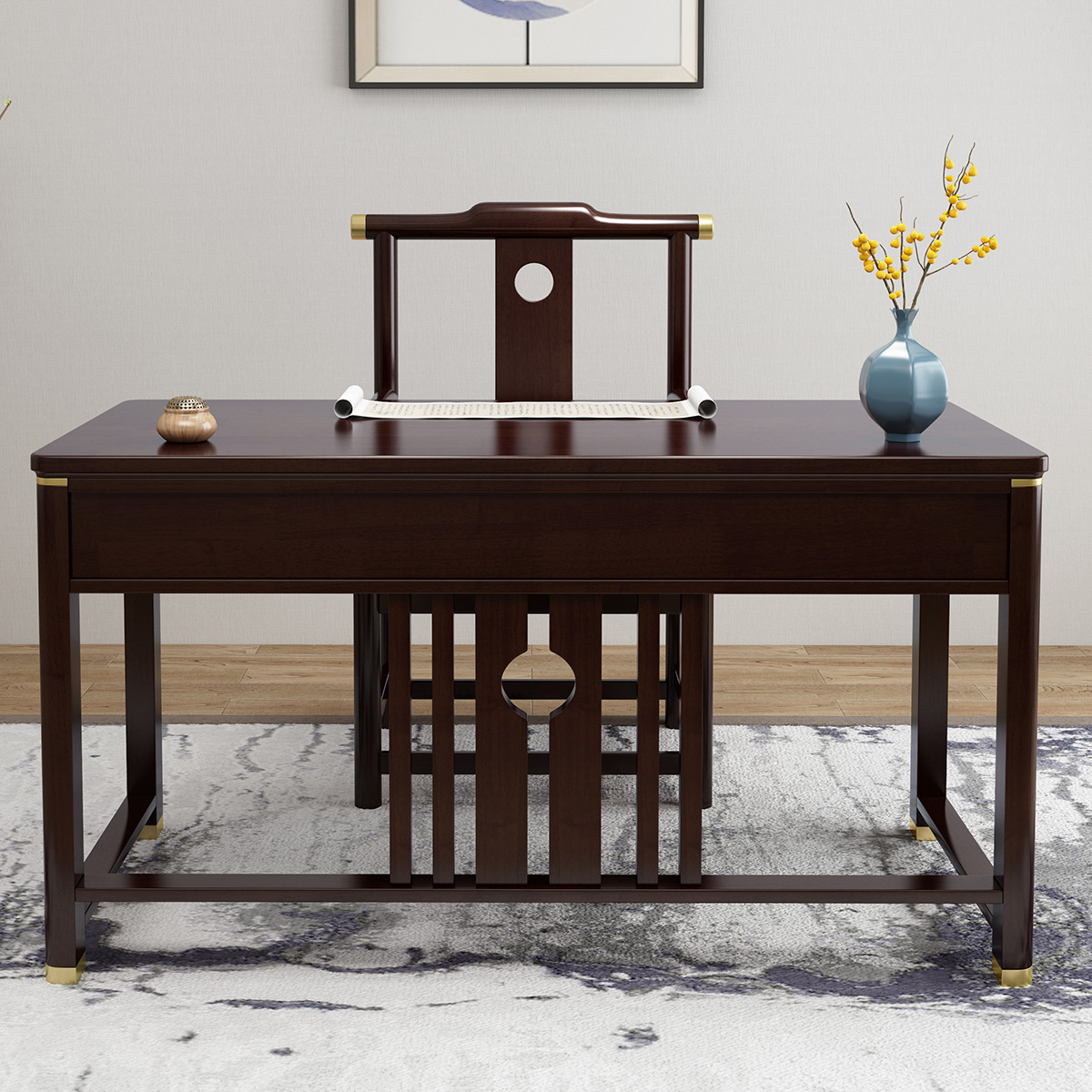 月影梳桐新中式实木书桌椅组合书房原木家具书法写字家