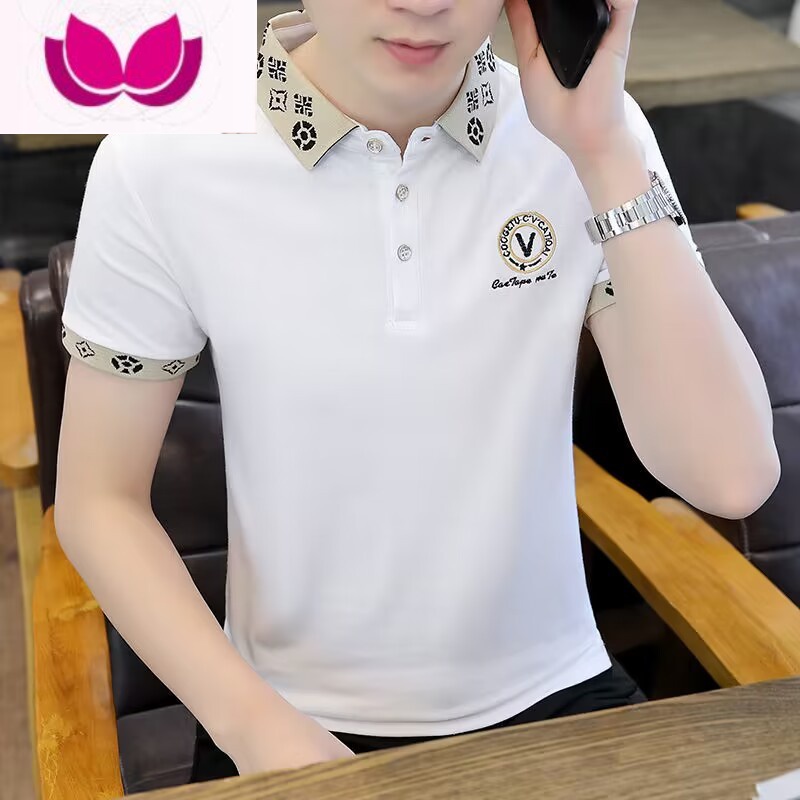 七斓夏季冰丝棉衫男短袖韩版修身翻领半袖青年潮牌有领T恤翻季青 XL P0088白色