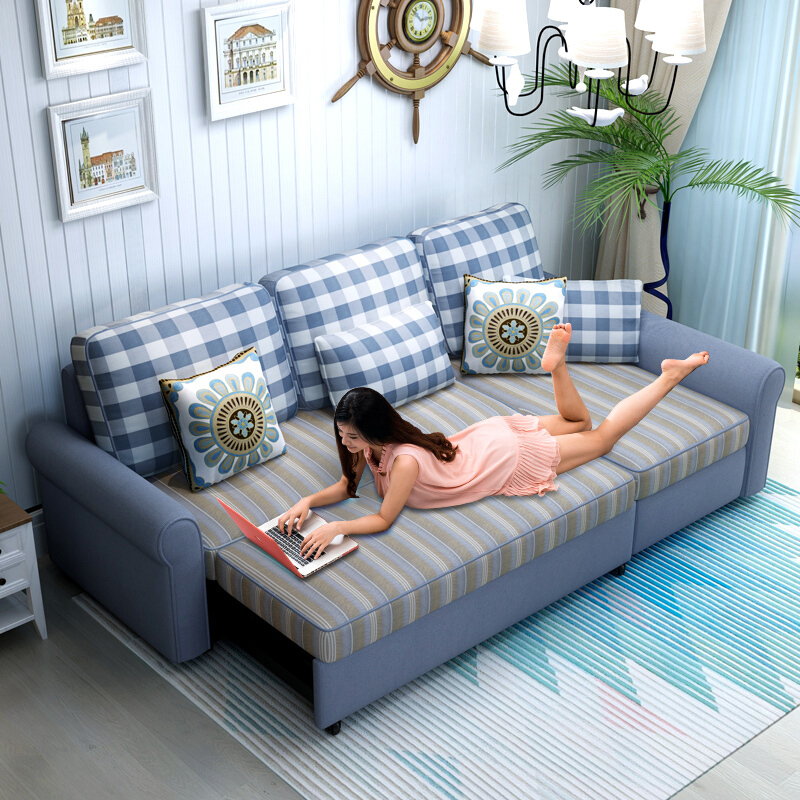 地中海乳胶沙发床小户型多功能储物折叠布艺可变两用拆洗图片款地中海