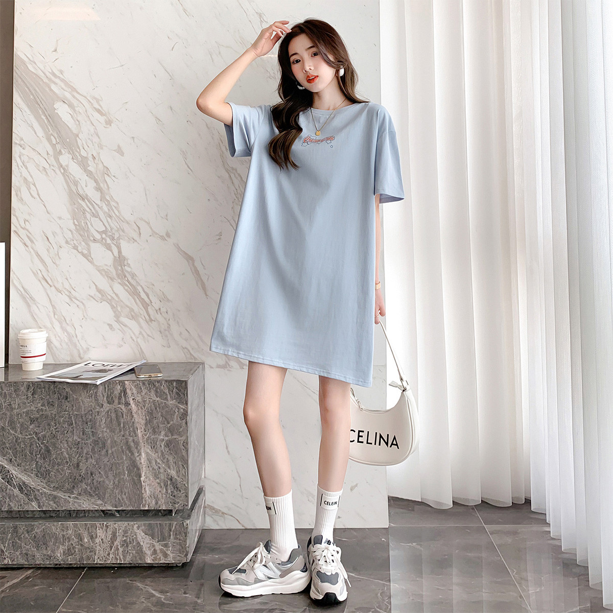 [1.5折价55元]唐狮夏季连衣裙女卡通可爱印花短袖t恤下衣失踪清新休闲流行