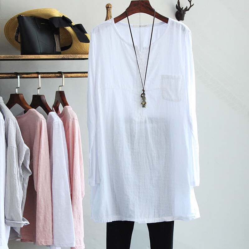 ediyipi秋宽松单排做旧扎染中长款棉麻长袖t恤打底衫t白均