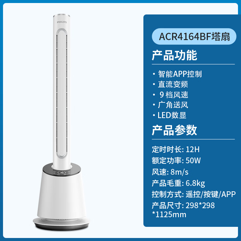 飞利浦(PHILIPS)无叶风扇直流变频节能电扇家用塔扇立式办公室暴风轻音低噪落地扇智能摇头送风ACR4164BF高清大图