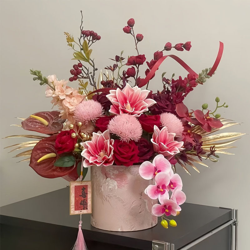 思唯美(sweet made) 花抱抱桶2026马年新年春节干花仿真花混搭客厅摆件 赤韵流芳|成品发货高清大图