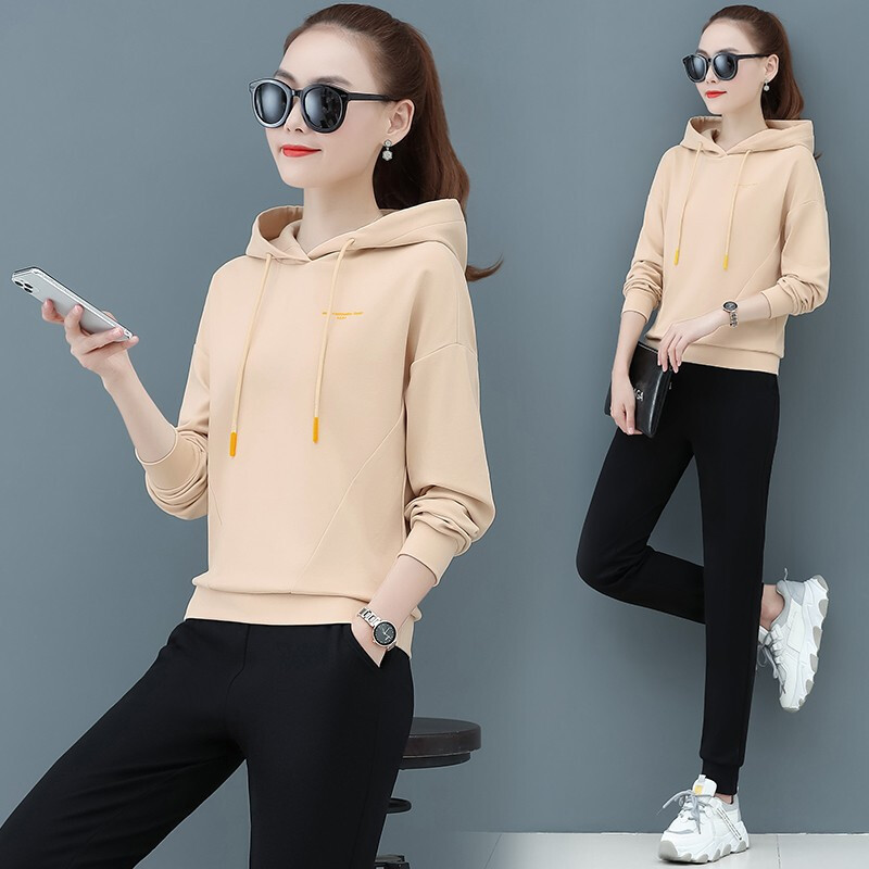 女春秋棉质青年女士时尚卫衣运动装女简约易搭套头连帽两件套运动服女