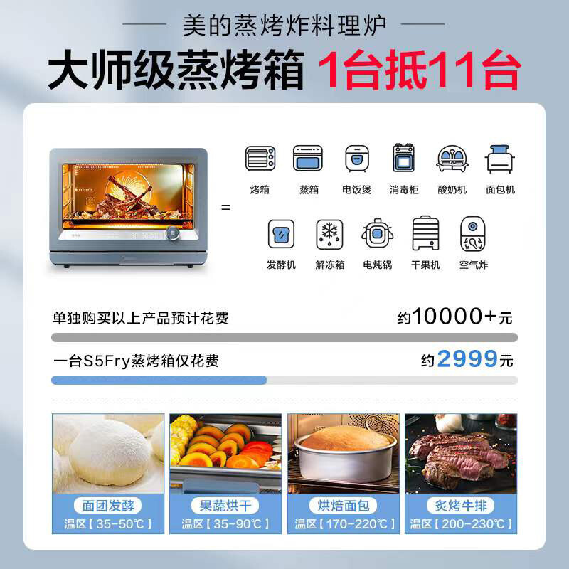 美的(Midea) 蒸烤箱一体机台式 蒸烤炸一体S5 fry 空气炸 热风循环 瀑流锁鲜蒸APP智控 PS3002W