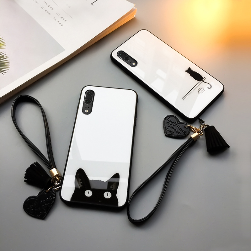 华为p20手机壳女p30硅胶软边p20pro挂绳流苏p9玻璃壳p10plus防摔