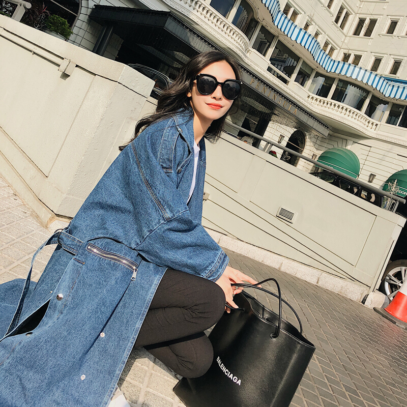 风衣女中长款2018春装新款韩版宽松过膝开叉复古chic牛仔外套图片色