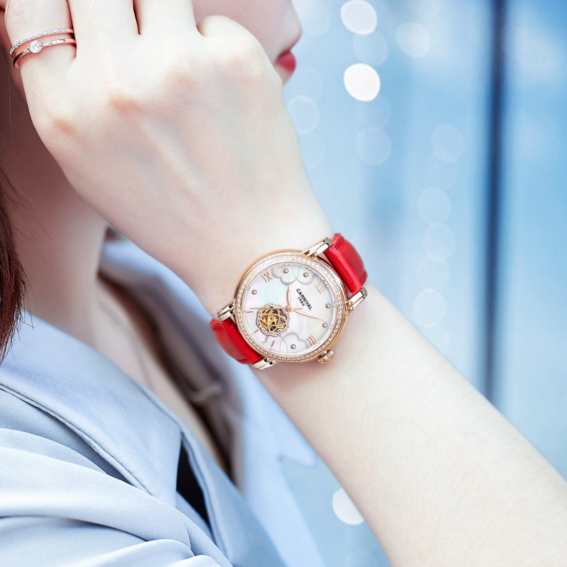 瑞士嘉年华Carnival手表机械表 女士时尚潮流玫瑰金新款镂空花瓣腕表镶钻防水真皮皮带简约学生女表8806高清大图
