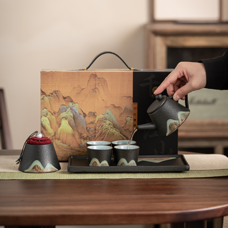 苏氏陶瓷 SUSHI CERAMICS 手绘彩画整套茶具山形画茶壶茶杯子配干泡茶盘小茶叶罐7件功夫茶具套装礼盒装