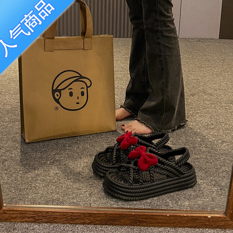 SUNTEK凉鞋女2023年新款夏季外穿可爱蝴蝶结百搭学生松糕厚底沙滩罗马鞋高清大图