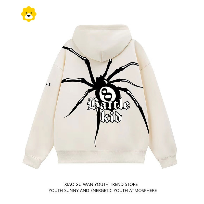 fishbasket小古万国潮设计感蜘蛛印花连帽卫衣男女美式潮牌宽松休闲