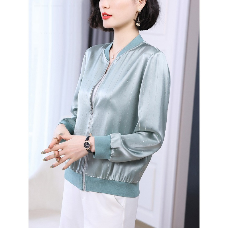 小样传奇缎面条纹棒球服2024春装新款女休闲夹克衫垂感开衫纯色短外套