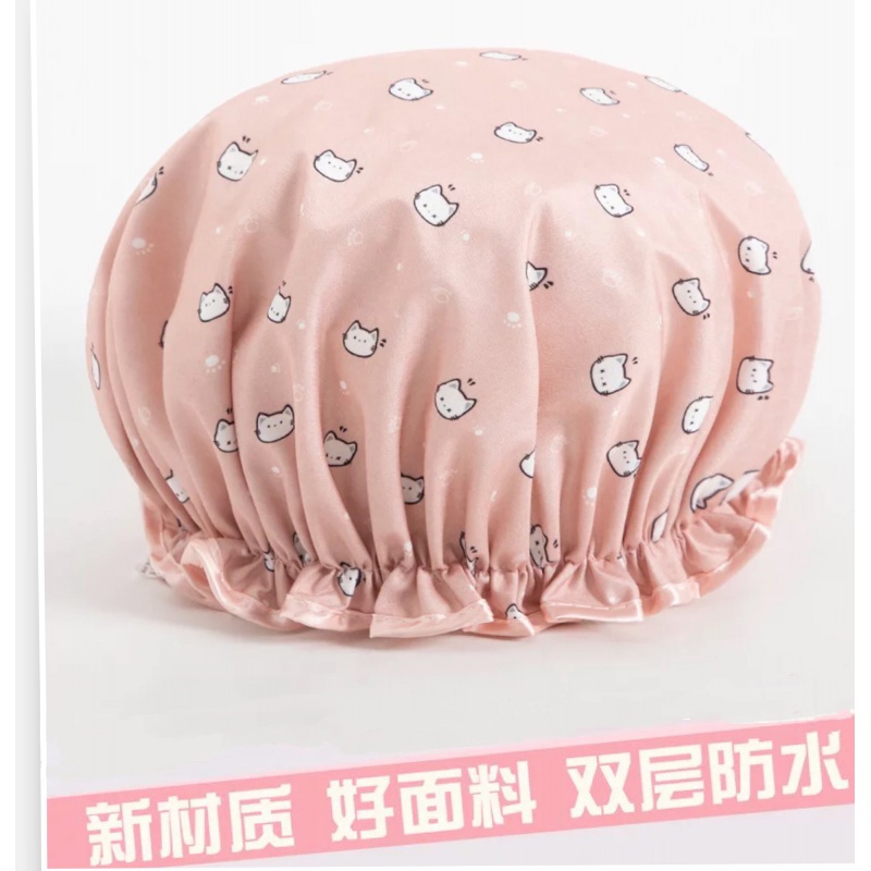 韩版波点印花浴帽色丁布淋浴帽双层防水浴帽洗头帽防油烟帽子 三维工匠 小猫蓝色高清大图