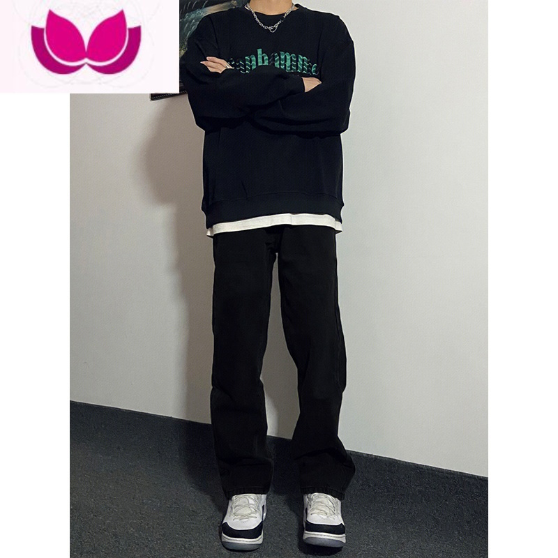 七斓美式高街黑色牛仔裤男新款潮牌小众高级感百搭宽松直筒阔腿裤