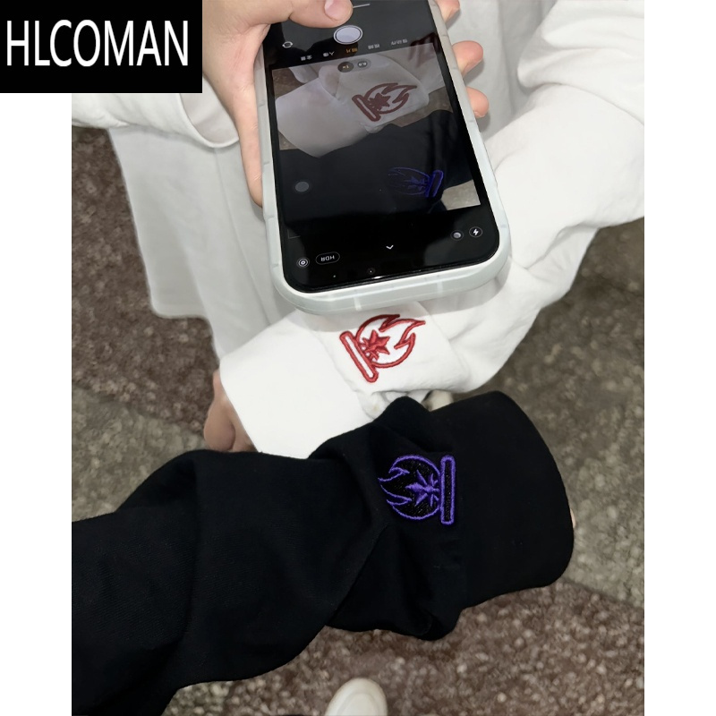 HLCOMANburnin小火苗刺绣卫衣男潮牌小领口长袖t恤cleanfit外套