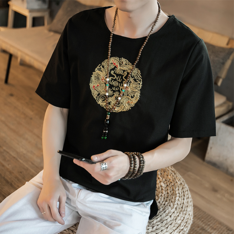夏季年轻中国风男装加肥加大码刺绣复古棉麻亚麻短袖T恤宽松半袖