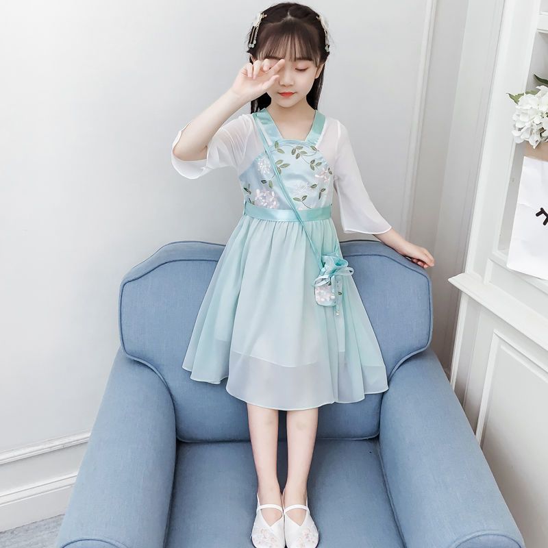 连衣裙儿童裙子大童女装中国风童装春夏装裙子12岁绿色送荷包束腰110