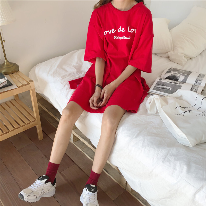 夏季韩版女装简约字母破洞印花中长款T裙红色开叉绑带短袖T恤白色均码