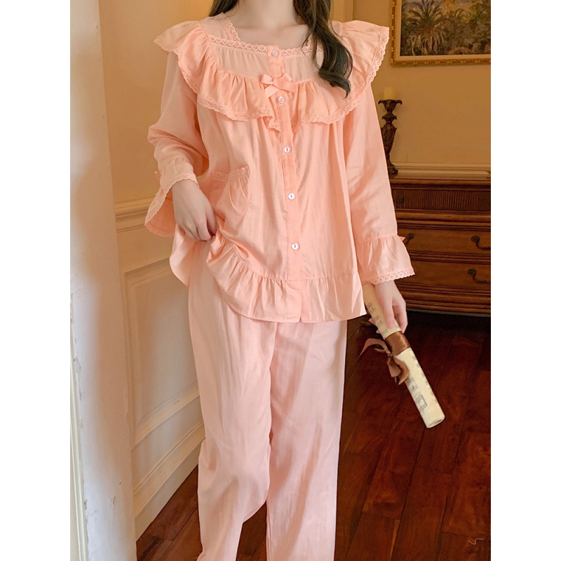 韩国春秋仙女睡衣女长袖棉日系甜美可爱宫廷风公主蕾丝套装粉色睡衣