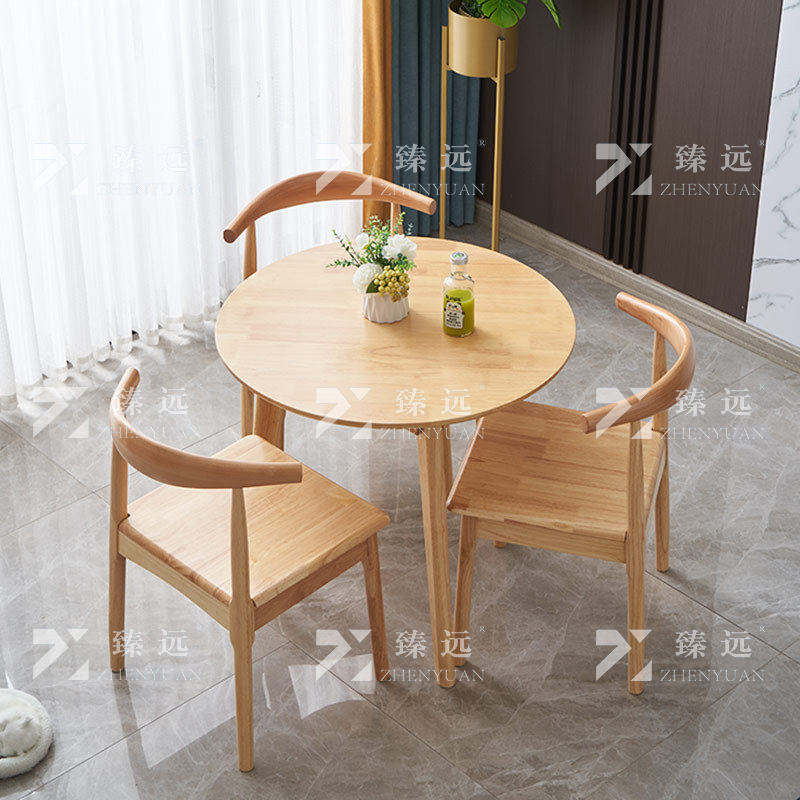臻远 ZY3121614 实木小圆桌简约圆形餐桌接待洽谈桌茶桌椅组合 原木色0.8米一桌三椅高清大图