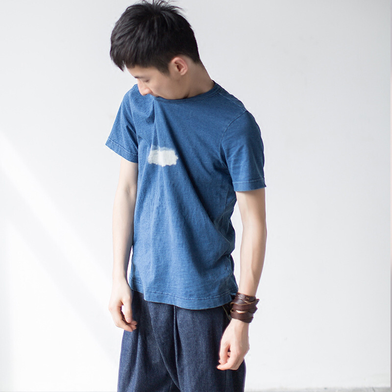 夏季牛仔色平静印花t恤纯棉纯色圆领基础款印花短袖男体恤蓝色第二批