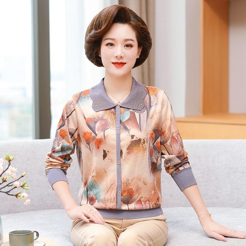 中年妈妈装秋装新款洋气长袖t恤上衣中老年女装薄毛衣翻领打底衫