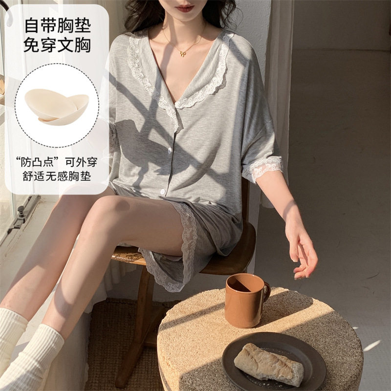 睡衣女士夏季开衫短袖裤套装薄款大码2026新款带胸垫家居服高清大图