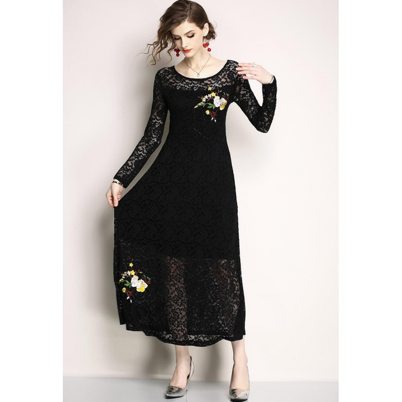 霍思燕同款性感镂空后背刺绣黑色蕾丝礼服裙连衣裙秋季长袖长裙