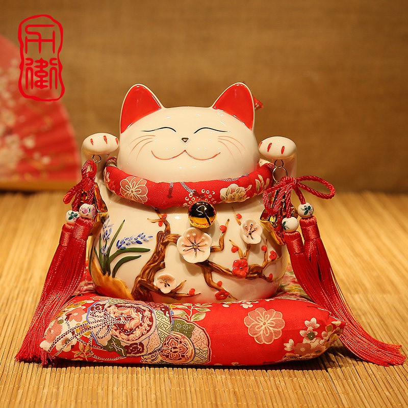 猫摆件 大号陶瓷日本猫储蓄罐 存钱罐 开业创意礼品 三维工匠 8寸四季发财（棉布底座）_410