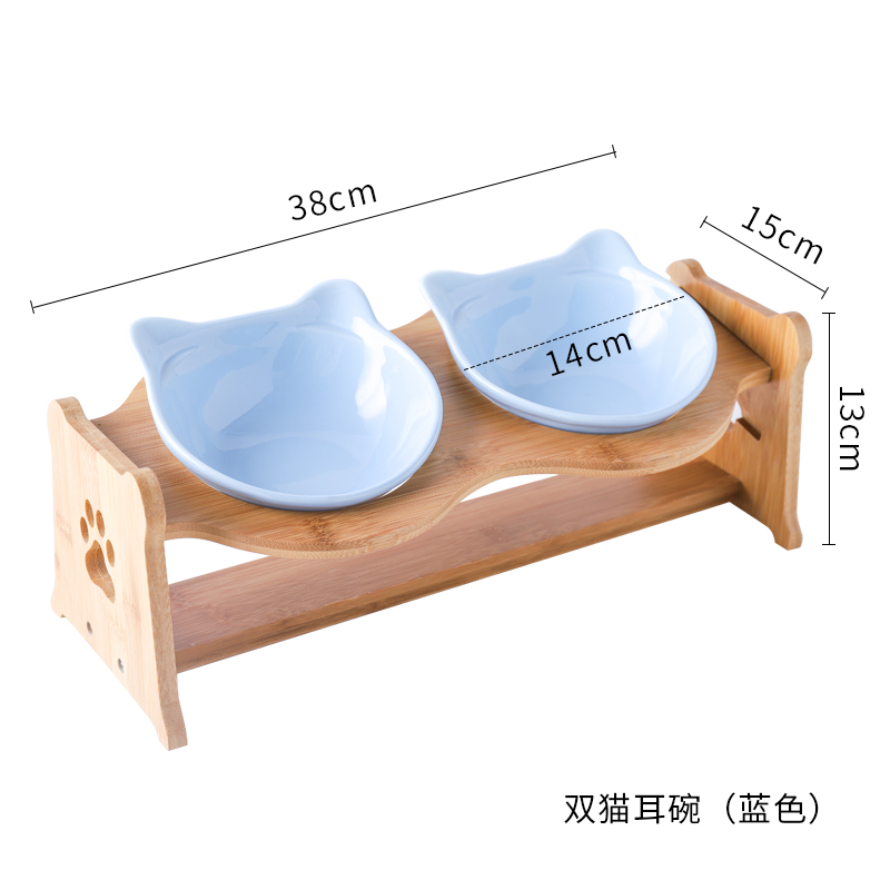 猫碗宠物用品碗陶瓷双碗食盆防打翻木架护颈吃饭喝水斜口碗猫咪碗 猫耳双碗+木架+纯蓝色 高度调节大小通用