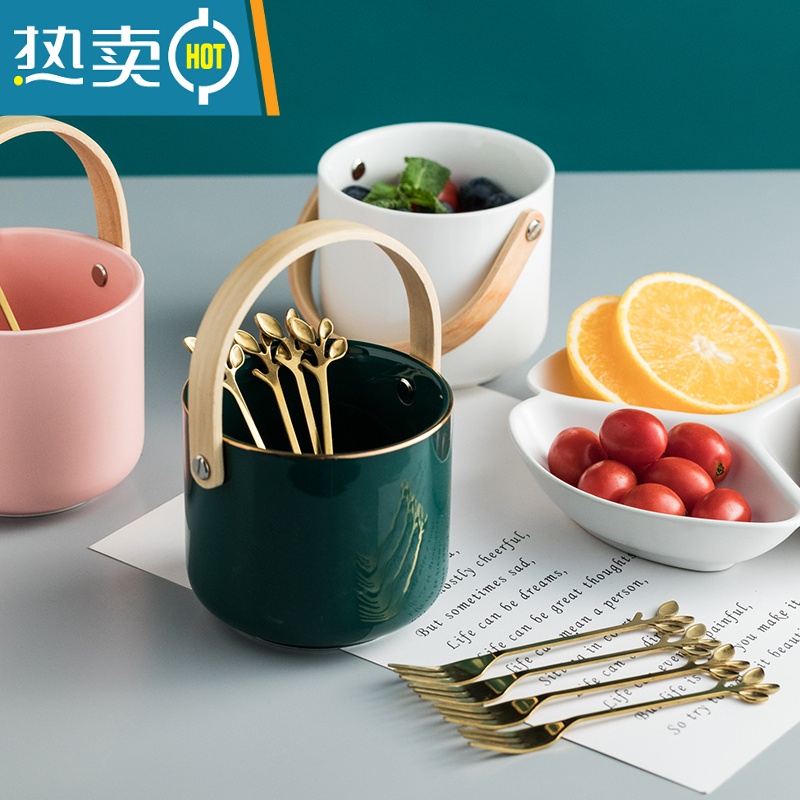 敬平创意水果叉子水果签家用不锈钢小叉子甜品月饼蛋糕叉收纳罐套装 粉色收纳碗高清大图