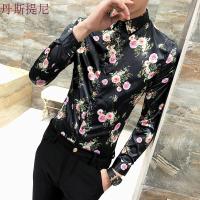 2018秋季潮男个性数码印花衬衫男长袖大码型师夜店花色衬衣黑色1709