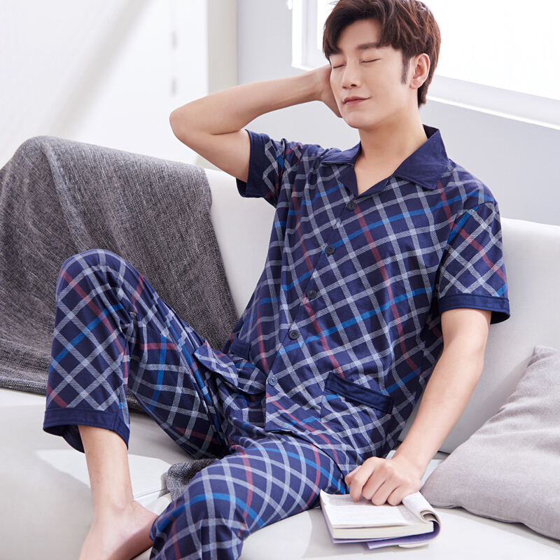 男士睡衣夏季短袖长裤纯棉薄款夏天男中年休闲宽松大码家居服套993 L 码