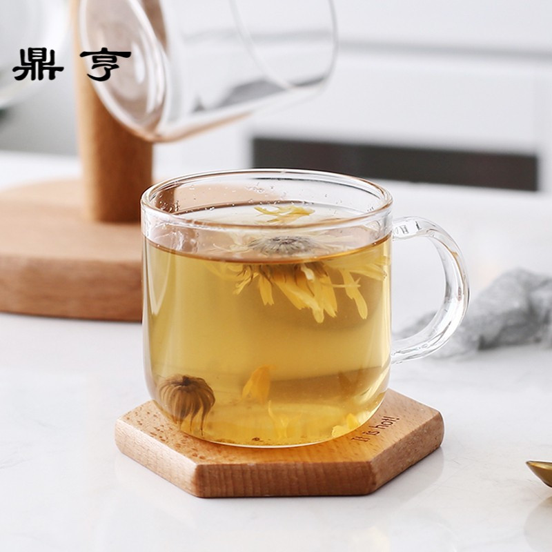 鼎亨透明玻璃杯套装带木架 家用水杯茶杯 耐热花茶杯 客厅杯子喝