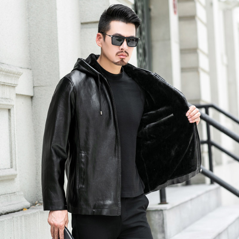 yuansu秋冬季男士皮衣加绒加厚连帽骑行机车外套中老年人皮夹克爸爸