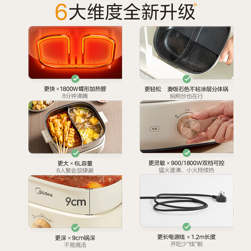 美的(Midea)电火锅6L鸳鸯火锅专用锅加深电煮锅速沸电锅一体多功能锅多用途火锅分体设计MC-HGS303002高清大图
