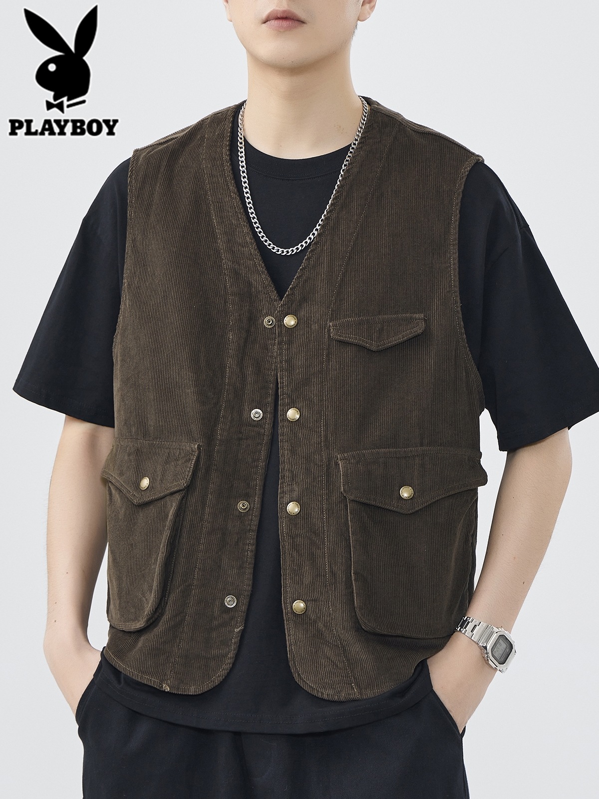花花公子灯芯绒马甲男士工装背心2025年秋冬季新款日系马夹外套芯高清大图