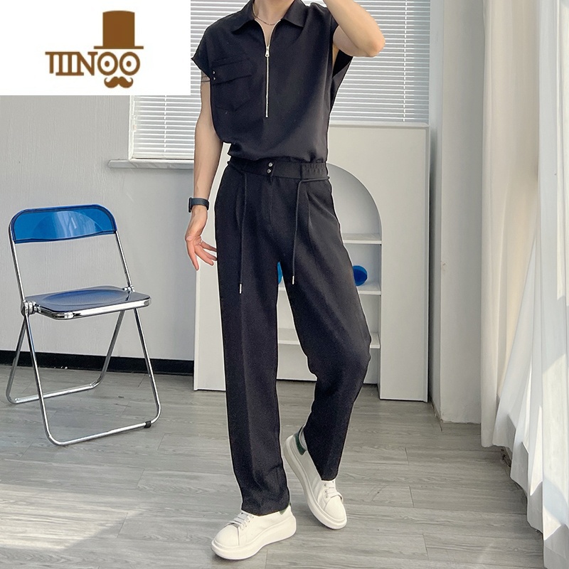 YANXU渣渣鹿冰丝休闲裤薄款垂感小西裤男款夏季宽松直筒系带免烫长裤潮高清大图