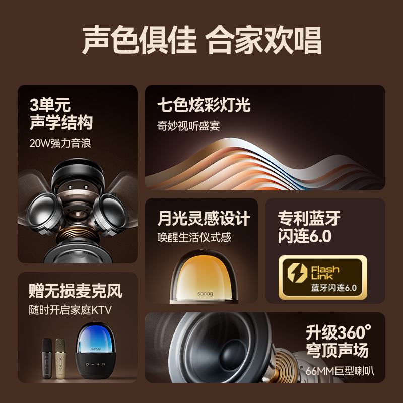 [苏宁自营]sanag塞那V33蓝牙音箱K歌无线音响低音炮家用2024新款高音质柏林之声