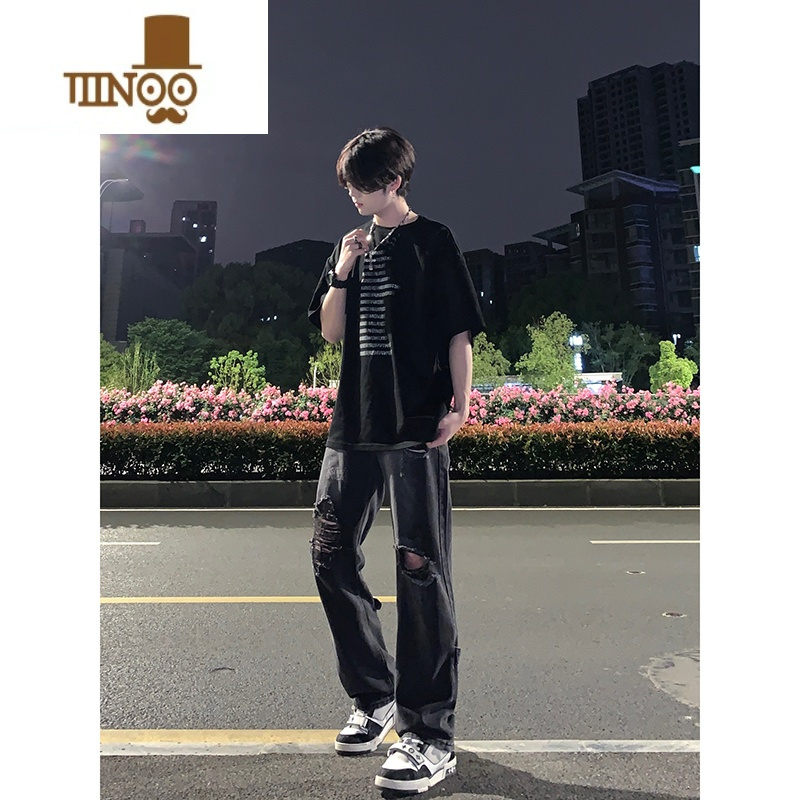YANXU黑色破洞牛仔裤夏季薄款男工装显腿长裤子高街美式vibe直筒微喇裤