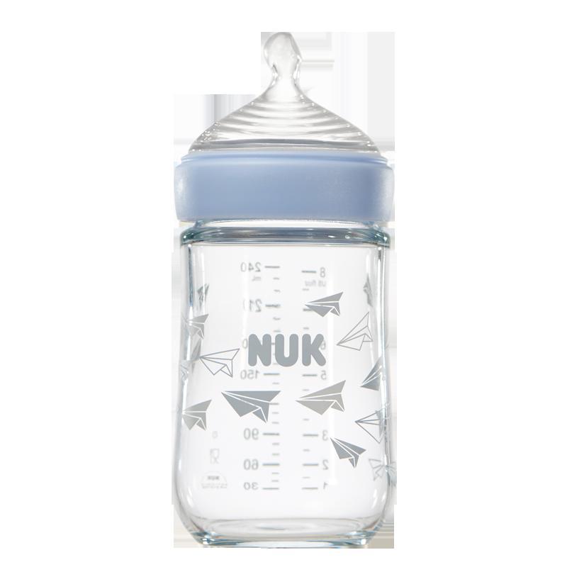 特惠清仓 NUK240ML自然母感宽口玻璃奶瓶(成长型硅胶中号) 颜色随机