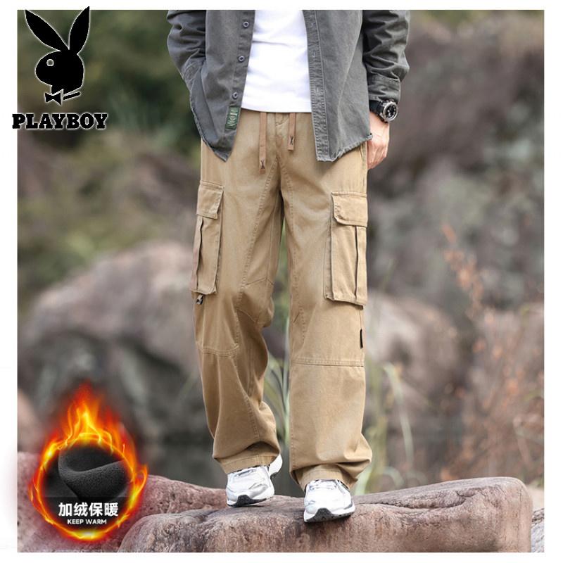 花花公子新款2025冬新款男士潮流日系多口袋休闲垂感显高加绒工装裤8812-1_669高清大图