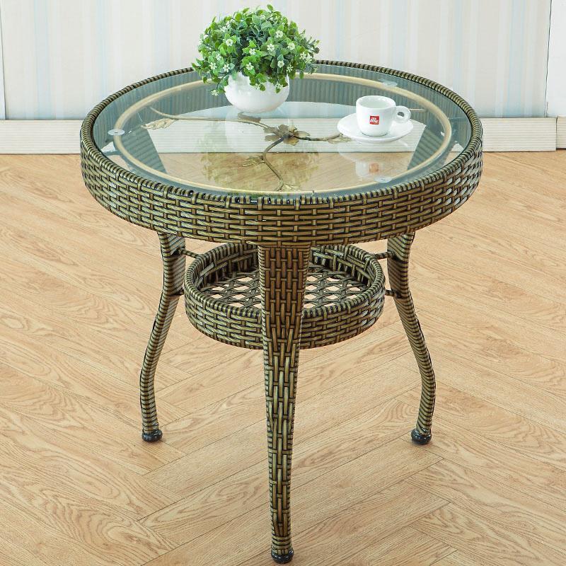 藤椅茶桌简约钢化玻璃小圆桌家用阳台小茶几圆形休闲喝茶闪电客桌椅
