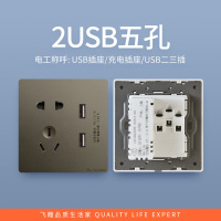 飞雕(FEIDIAO)开关插座暗装86型家用墙壁开关插座 大阪钢支架 雕琢优雅灰系列 雕琢灰五孔带二位USB