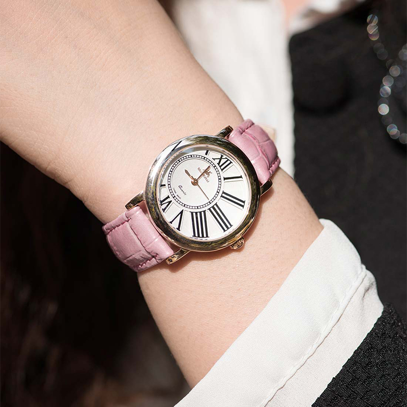 上海表SHANGHAI手表 防水女士潮流时尚真皮表带女表 石英表女士腕表皮革真皮表带女表粉色腕表X632高清大图