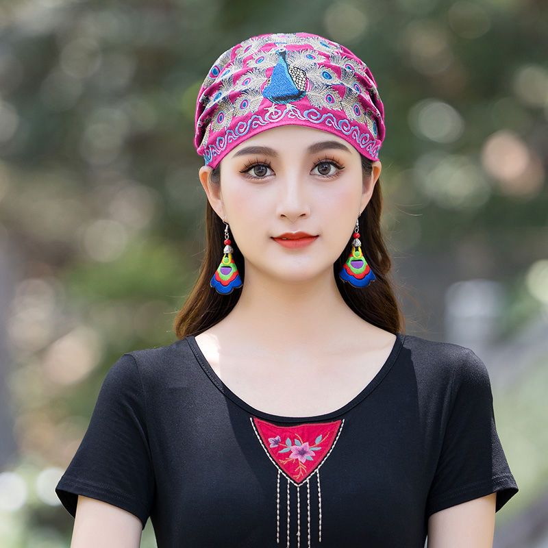 新款民族风绣花帽子百搭棉麻薄款头巾帽子女系带松紧带头饰女帽子孔雀